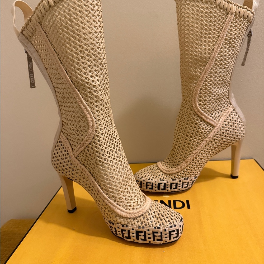 Authentic Fendi Neutral Woven Raffia Mid-Calf Booties. New with box - Picture 2 of 6